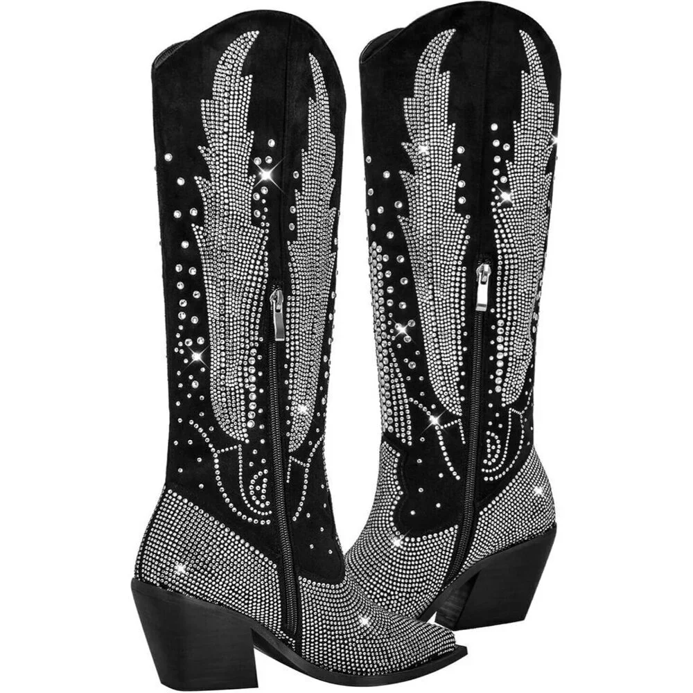 Women Polyurethane Black Knee High Pointed Toe Chunky Heel Rhinestone Boot